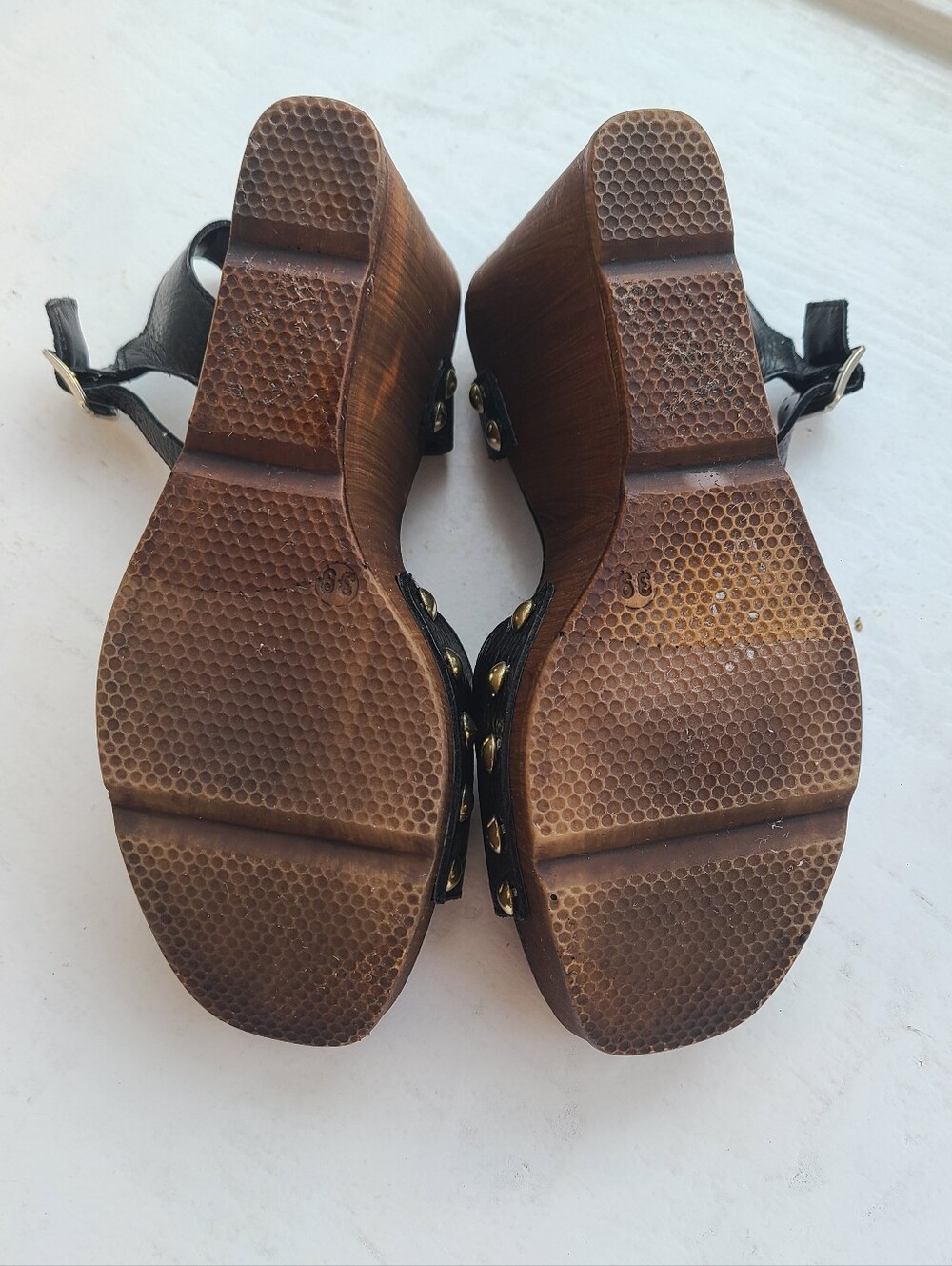 🌟Christian Di Riccio Black Studded Leather Wedge Sandals Size 8 EU 39 Italy - Picture 7 of 9
